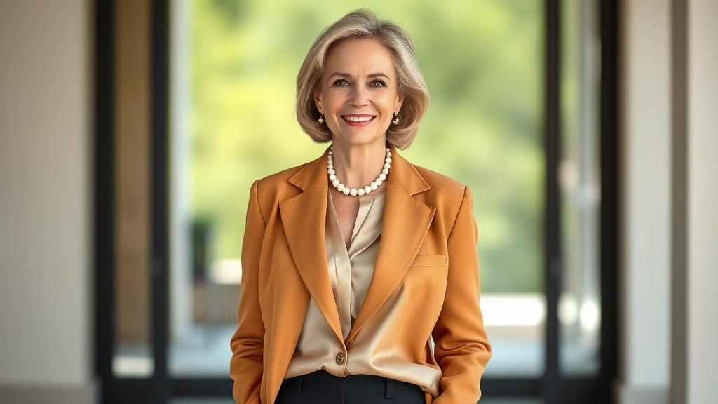 Elegant mature woman wearing tailored camel blazer over cream silk blouse with pearl necklace and dark trousers, photographed in natural light with soft focus background, radiating confidence and sophistication
