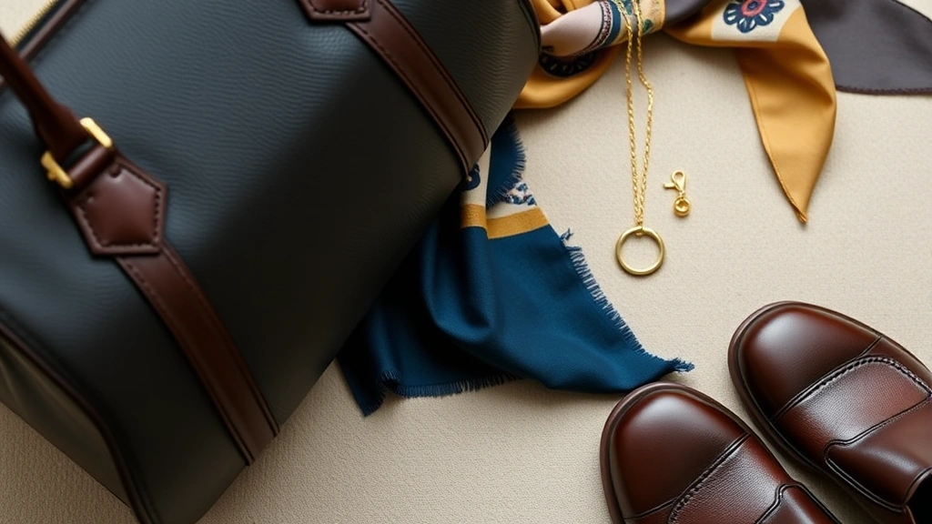 Close-up of refined accessories arrangement: luxury leather handbag, delicate gold jewelry, quality leather shoes, and silk scarf in jewel tones on neutral surface, emphasizing investment pieces and quality craftsmanship