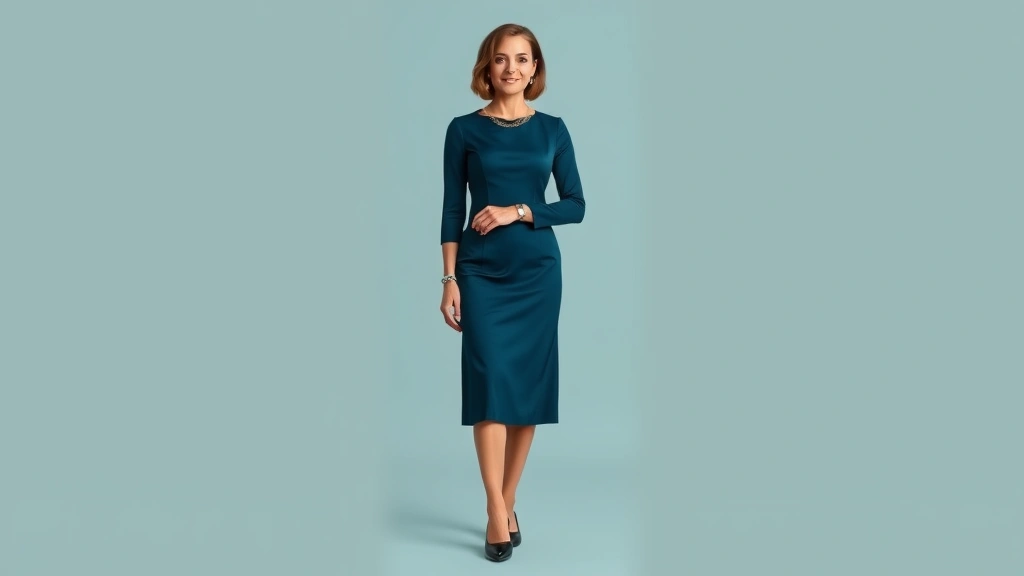 Sophisticated woman in midi-length jewel-tone dress with structured fit, paired with elegant jewelry and quality leather shoes, standing naturally with perfect posture showing confident mature style aesthetic