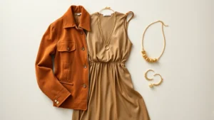 Flat lay of vintage 1970s suede jacket, 1990s silk slip dress, and contemporary gold jewelry on neutral background, natural lighting, fashion photography