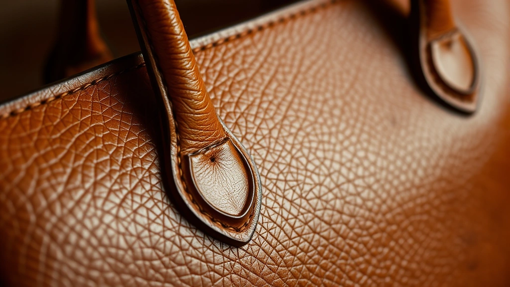 Close-up of vintage Hermès leather handbag detail showing craftsmanship, stitching, and patina, professional product photography, warm studio lighting