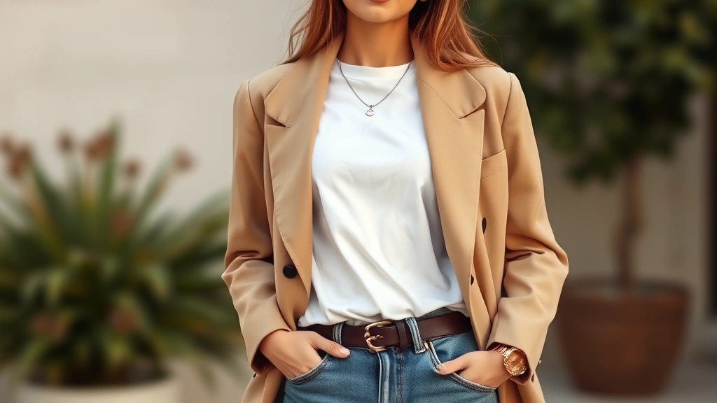 Woman wearing styled vintage outfit: 1980s tailored blazer with contemporary minimalist white t-shirt and modern denim, natural pose, lifestyle fashion photography