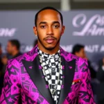 Lewis Hamilton wearing vibrant neon pink and electric purple patterned designer suit, confident expression, luxury fashion event setting, bold geometric prints mixed together, tailored silhouette, high-end styling
