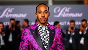 Lewis Hamilton wearing vibrant neon pink and electric purple patterned designer suit, confident expression, luxury fashion event setting, bold geometric prints mixed together, tailored silhouette, high-end styling