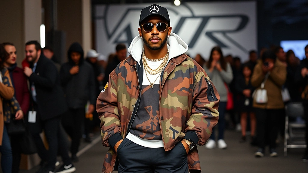 Lewis Hamilton in oversized luxury designer streetwear, mixing high fashion with casual elements, limited edition sneakers, contemporary aesthetic, fashion week event backdrop, composed confident pose