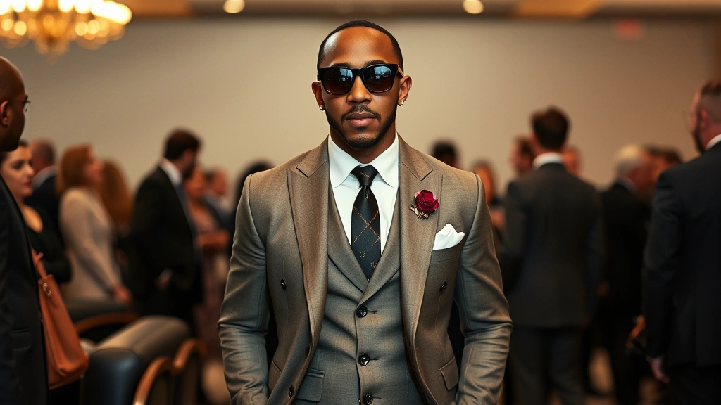 Lewis Hamilton in tailored Burberry custom suit, sophisticated neutral tones with statement accessories, elegant luxury styling, upscale event setting, refined masculine presentation, fashion authority presence