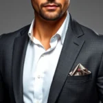 Well-dressed man in charcoal tailored blazer and crisp white dress shirt, confident posture, professional studio lighting, sophisticated accessories including luxury watch and silk pocket square