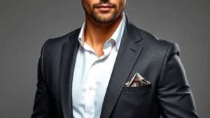 Well-dressed man in charcoal tailored blazer and crisp white dress shirt, confident posture, professional studio lighting, sophisticated accessories including luxury watch and silk pocket square
