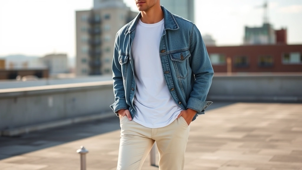Young man styling oversized vintage denim jacket over fitted white t-shirt and tapered trousers, premium white leather sneakers, urban rooftop setting with natural daylight, relaxed confident pose