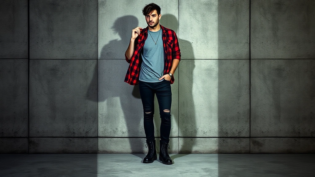 Man wearing distressed black skinny jeans, oversized gray band t-shirt, open red plaid flannel shirt, black combat boots, standing against concrete wall with moody lighting, confident relaxed posture