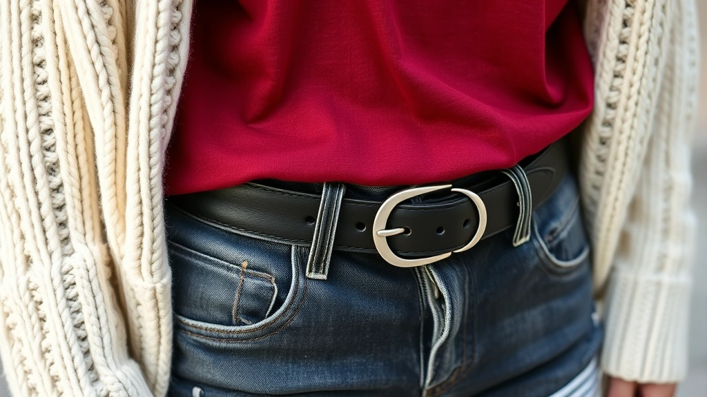 Close-up of layered grunge outfit: cream cable-knit sweater over burgundy band tee, black leather belt with silver buckle, dark wash distressed denim, textured fabrics visible, natural daylight