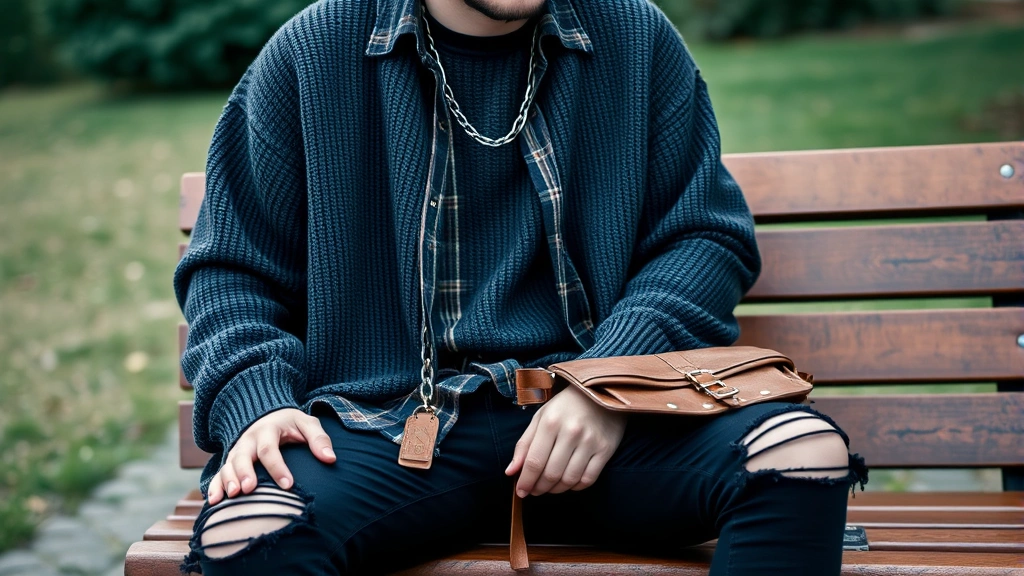 Man in complete grunge ensemble: oversized charcoal sweater, vintage flannel unbuttoned, black ripped jeans, worn leather messenger bag, chunky chain necklace, black beanie, sitting on wooden bench outdoors