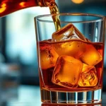 Close-up of amber whiskey being poured into a rocks glass with large clear ice cubes, warm golden lighting highlighting the liquid's rich color, sophisticated bar setting with blurred background