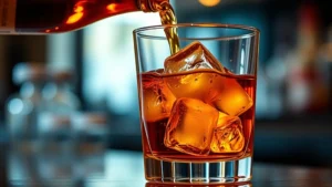 Close-up of amber whiskey being poured into a rocks glass with large clear ice cubes, warm golden lighting highlighting the liquid's rich color, sophisticated bar setting with blurred background