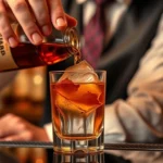 Professional bartender carefully pouring amber whiskey over large ice cube into chilled rocks glass, warm amber lighting, maple leaf garnish visible, premium bar setting