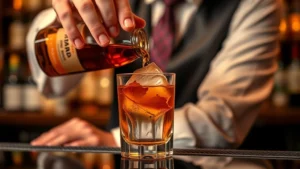 Professional bartender carefully pouring amber whiskey over large ice cube into chilled rocks glass, warm amber lighting, maple leaf garnish visible, premium bar setting