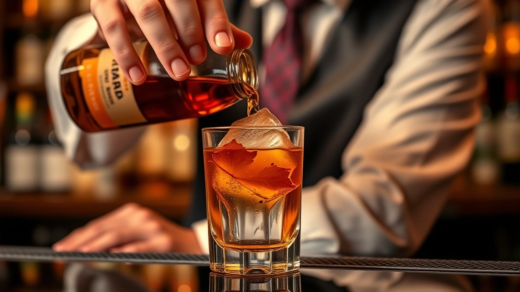 Professional bartender carefully pouring amber whiskey over large ice cube into chilled rocks glass, warm amber lighting, maple leaf garnish visible, premium bar setting
