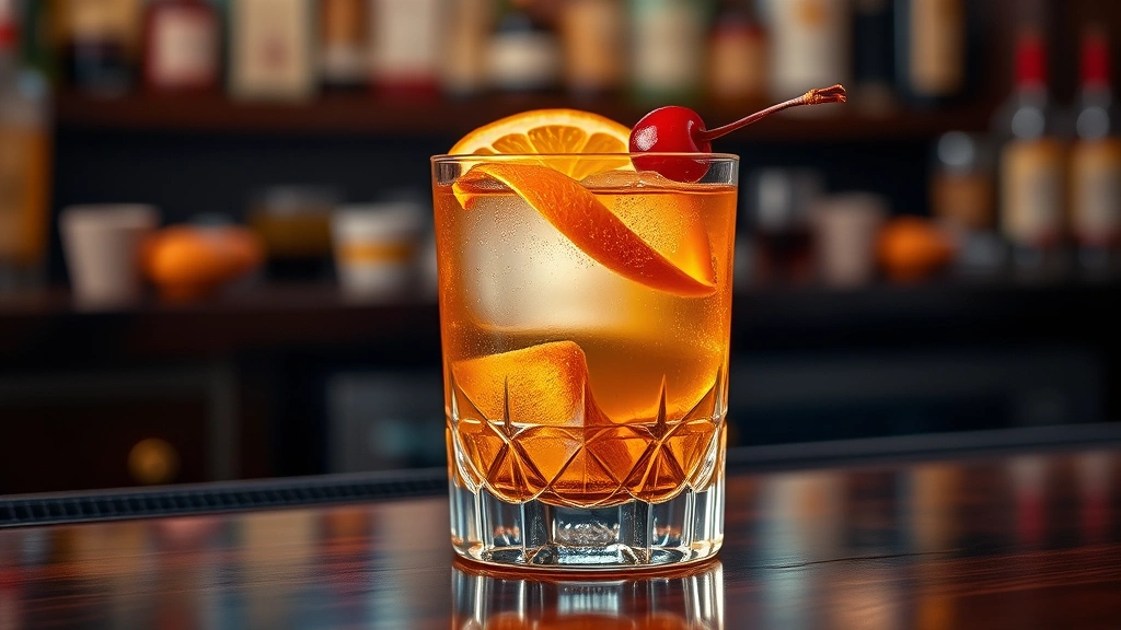 Elegant maple syrup old fashioned cocktail in crystal rocks glass with orange twist garnish and cherry, professional bar photography with soft warm lighting, dark wood bar counter visible, refined presentation