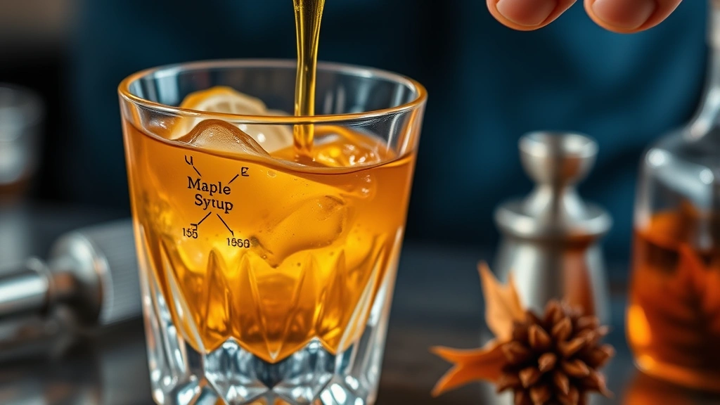 Close-up of pure maple syrup being stirred with aromatic bitters in crystal rocks glass, golden syrup swirling, professional bar tools, autumn-inspired aesthetic, natural lighting