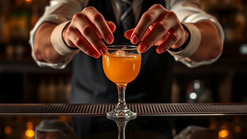 Bartender's hands expressing orange twist oils over cocktail surface, dramatic lighting capturing essential oil mist, professional bar environment, skilled craftsmanship in focus
