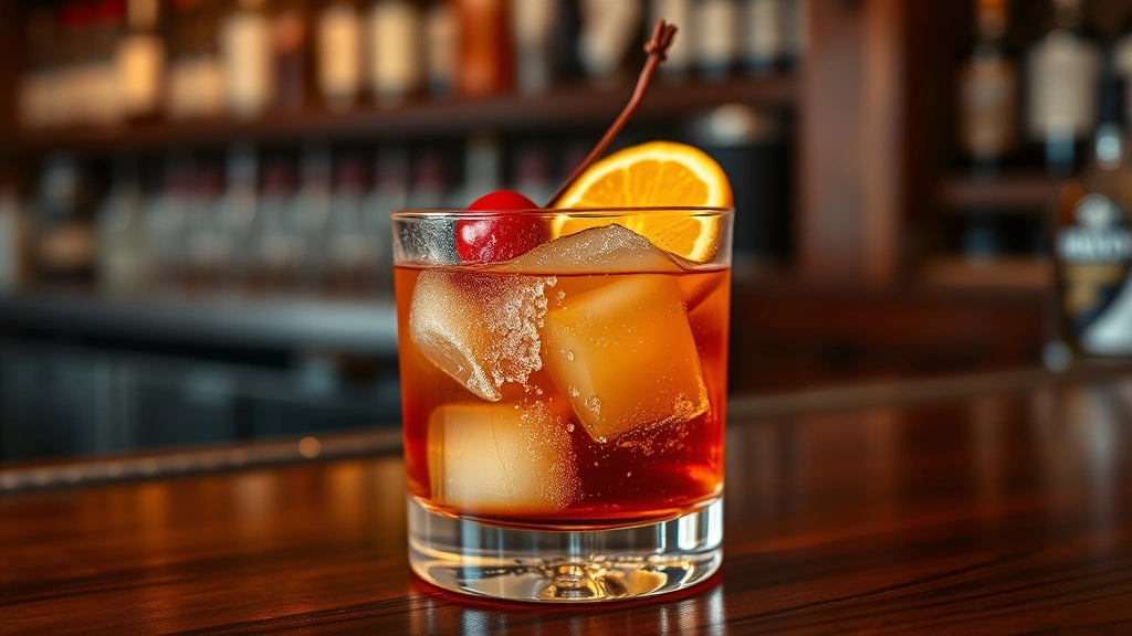 Finished maple syrup old fashioned cocktail with orange peel garnish and Luxardo cherry, frost on glass exterior, wooden bar surface, warm evening ambient lighting, sophisticated presentation