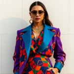 High-fashion woman wearing vibrant jewel-tone layered outfit with bold geometric patterns, chunky gold jewelry, and confident stance against neutral backdrop, natural lighting