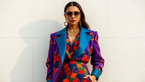 High-fashion woman wearing vibrant jewel-tone layered outfit with bold geometric patterns, chunky gold jewelry, and confident stance against neutral backdrop, natural lighting