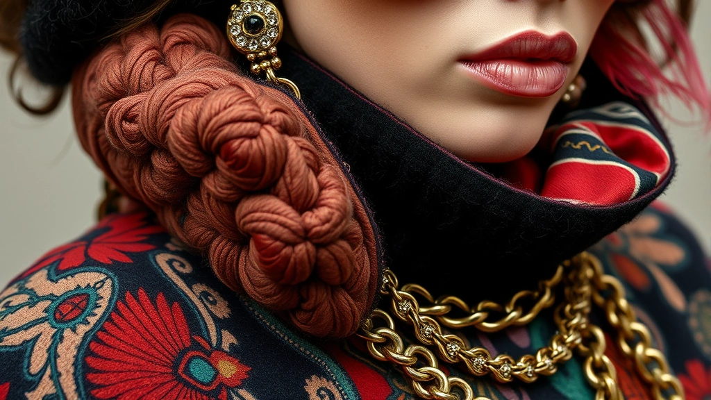 Close-up of maximalist fashion details: richly textured fabrics including velvet, silk, and knit materials layered together, mixed metal accessories, colorful patterned elements in artistic composition