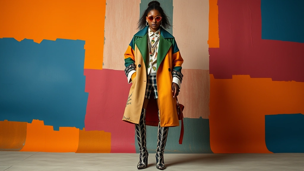 Fashion-forward woman in eclectic maximalist ensemble featuring clashing complementary colors, mixed prints, oversized statement coat, bold patterned boots, and layered accessories, editorial style photography