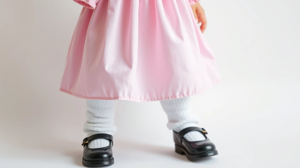 Close-up of pastel pink and blue babydoll dress with puffed sleeves, styled with black Mary Jane platform shoes and white leg warmers, shot against soft white background