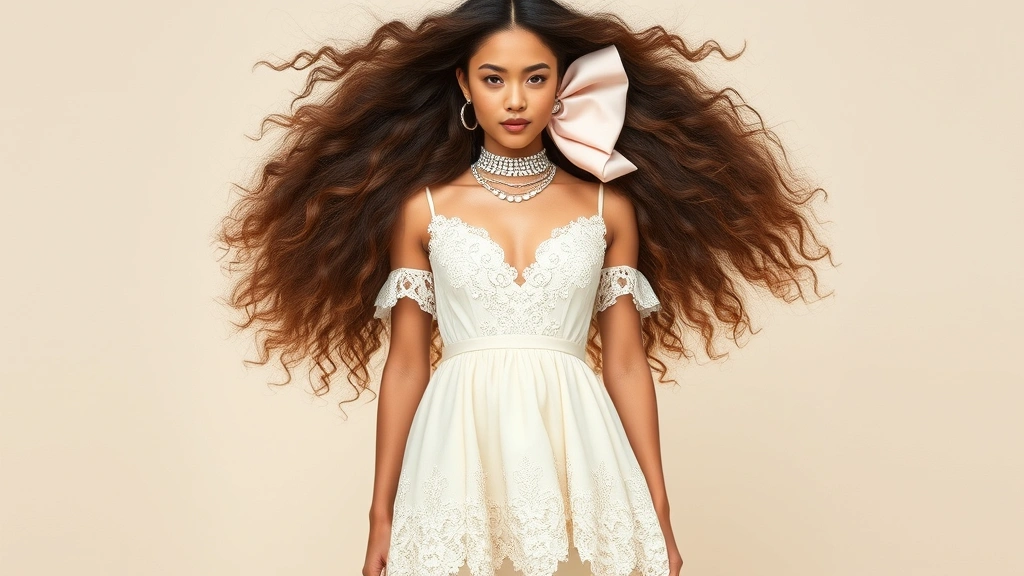 Full-body styling featuring cream-colored A-line dress with delicate lace details, oversized pastel pink bow in voluminous hair, silver choker necklace, and platform footwear on neutral backdrop