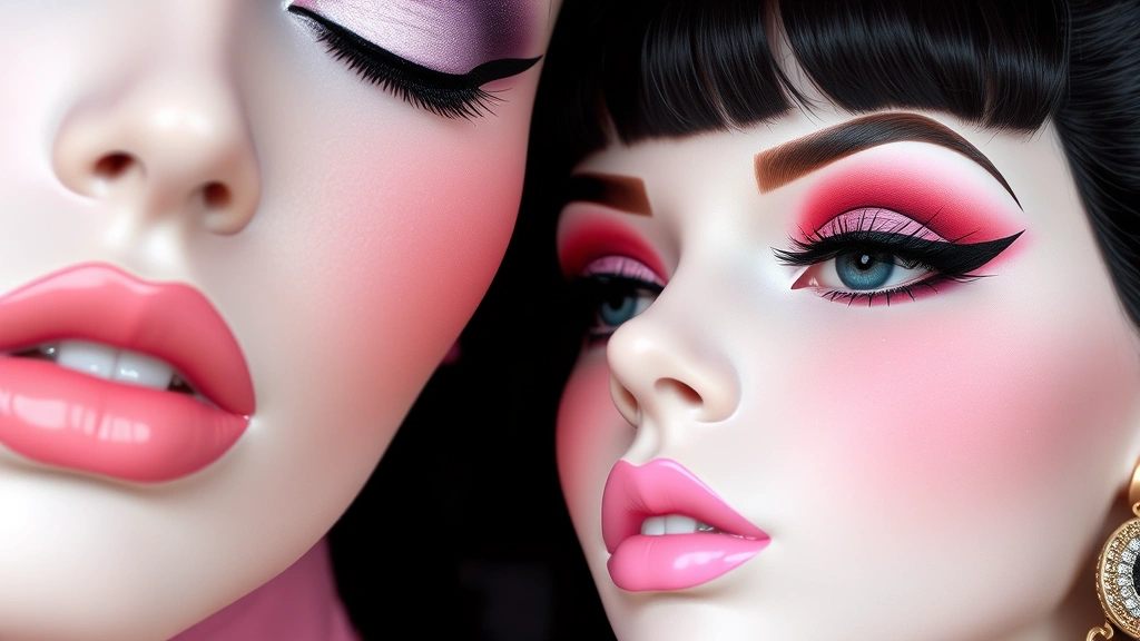 Detailed makeup close-up showing porcelain pale complexion, bold pastel eyeshadow in lavender and pink, thick black eyeliner, rosy cheeks, and pale pink glossy lips with theatrical doll-like appearance