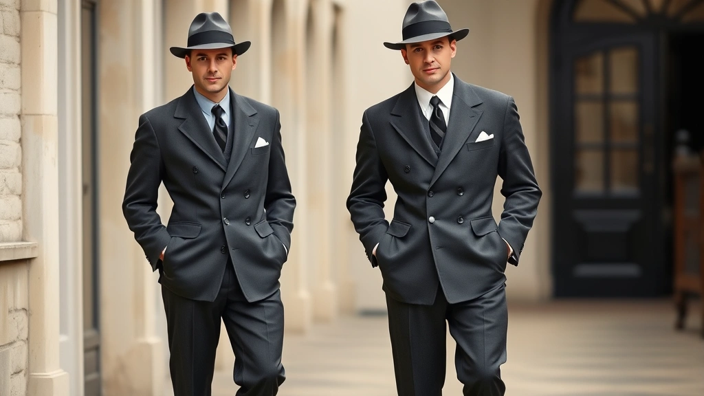 Well-dressed man wearing a classic 1940s charcoal suit with high-waisted trousers, broad shoulders, and fedora hat, standing confidently in vintage setting with natural lighting, showcasing authentic wartime-era tailoring and refined proportions