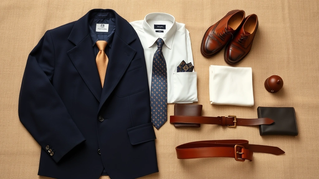 Collection of 1940s menswear essentials laid flat: navy wool jacket, white dress shirt, silk tie, leather oxfords, pocket square, and quality leather belt arranged on natural fabric background, displaying period-appropriate garments and accessories