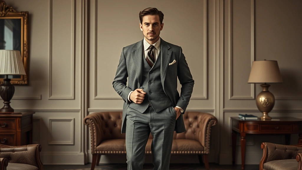 Sophisticated man in 1940s-inspired ensemble featuring high-waisted wool trousers with subtle pattern, structured sports coat, cream-colored shirt, and classic accessories, photographed in elegant interior setting demonstrating versatile vintage styling for modern contexts