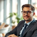 Well-dressed man wearing sophisticated tortoiseshell acetate frames in professional business attire, sitting confidently at modern desk with natural sunlight highlighting frame details and facial features, contemporary office environment
