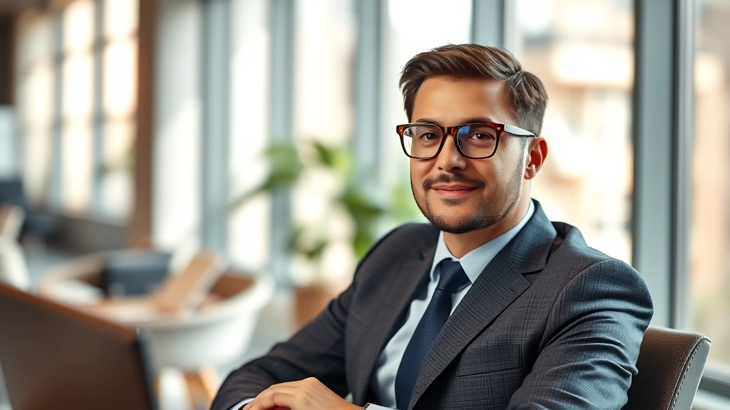 Well-dressed man wearing sophisticated tortoiseshell acetate frames in professional business attire, sitting confidently at modern desk with natural sunlight highlighting frame details and facial features, contemporary office environment