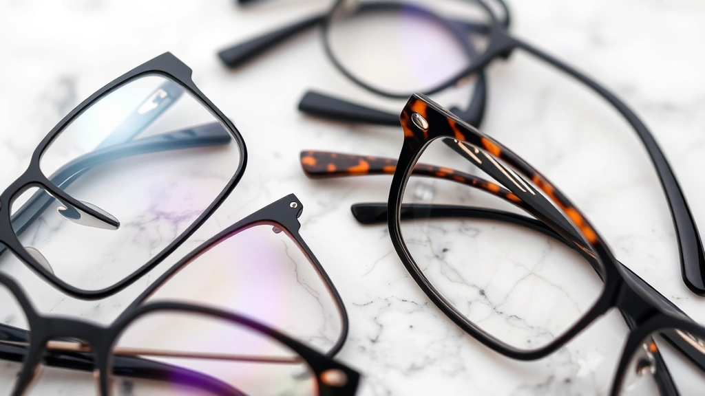 Close-up detail shot of various men's eyewear frames in different materials and colors displayed on marble surface, including black acetate, titanium metal, and brown tortoiseshell options showing texture and craftsmanship