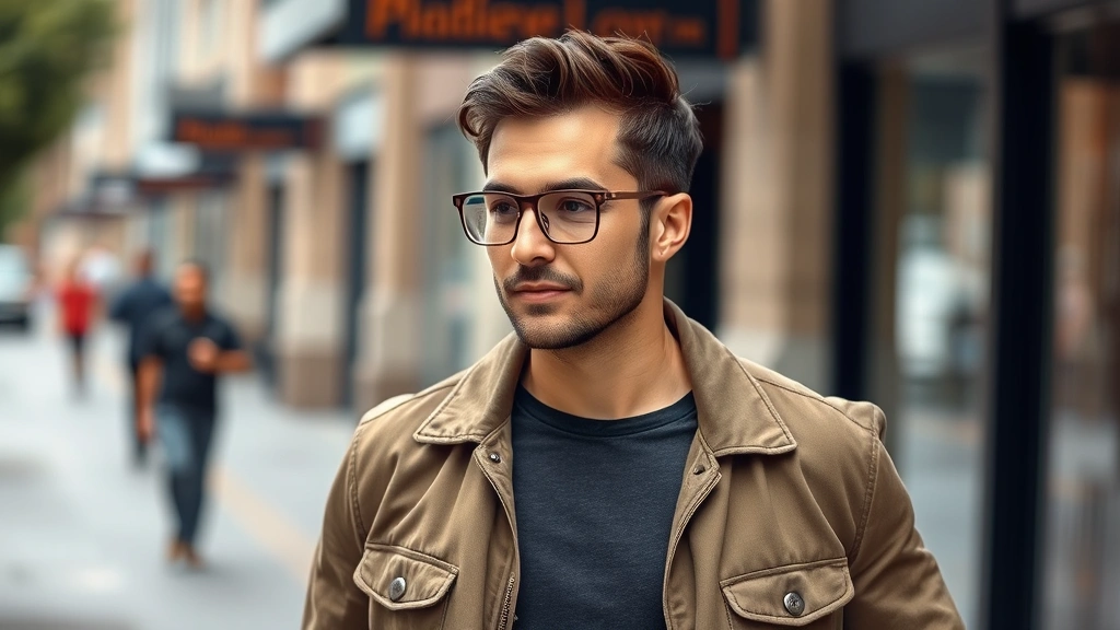 Stylish man in casual contemporary outfit wearing geometric metal frames, walking through urban street setting with natural confidence, showcasing how modern spectacles complement personal style and fashion aesthetic