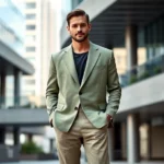 Confident man wearing oversized tailored blazer in sage green with relaxed-fit trousers, standing in urban setting with modern architecture, natural lighting, sophisticated yet effortless aesthetic