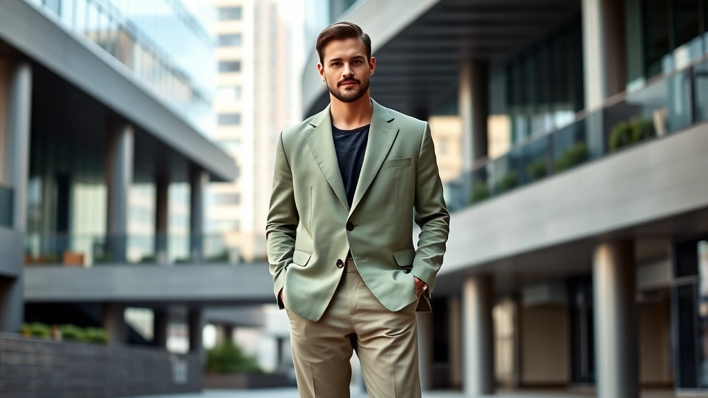 Confident man wearing oversized tailored blazer in sage green with relaxed-fit trousers, standing in urban setting with modern architecture, natural lighting, sophisticated yet effortless aesthetic
