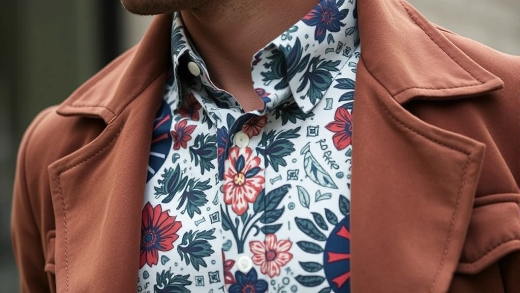 Close-up of men's fashion styling featuring patterned shirt mixing geometric prints with floral elements, layered with vintage-inspired jacket, showing contemporary pattern mixing technique