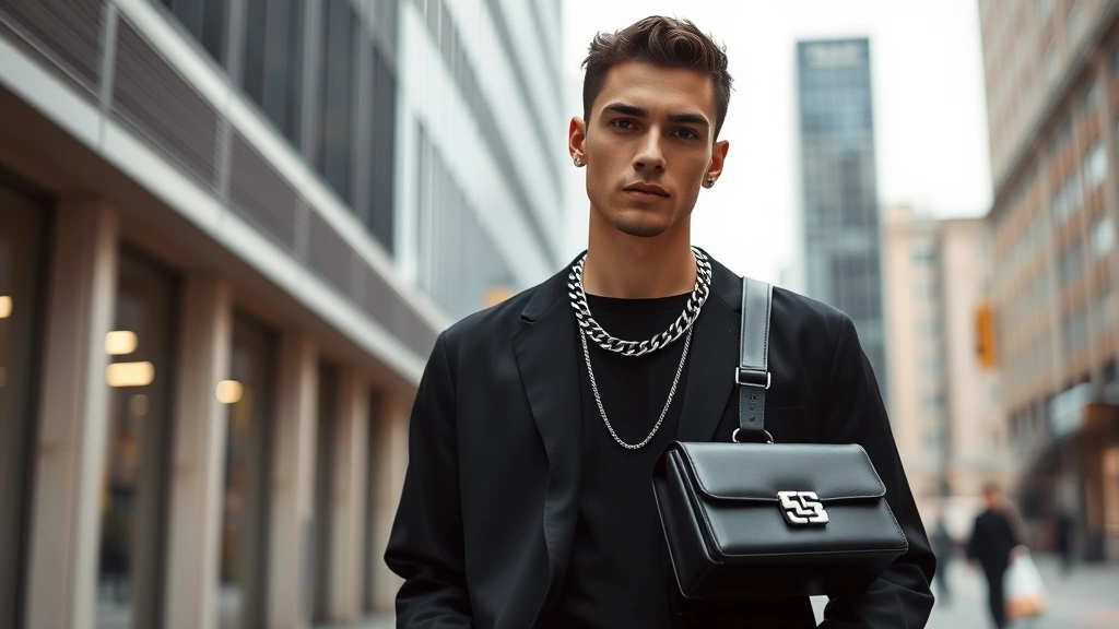 Male model wearing statement accessories including chain necklace, luxury designer bag, and contemporary sneaker, demonstrating how accessories elevate minimalist outfit in modern urban environment