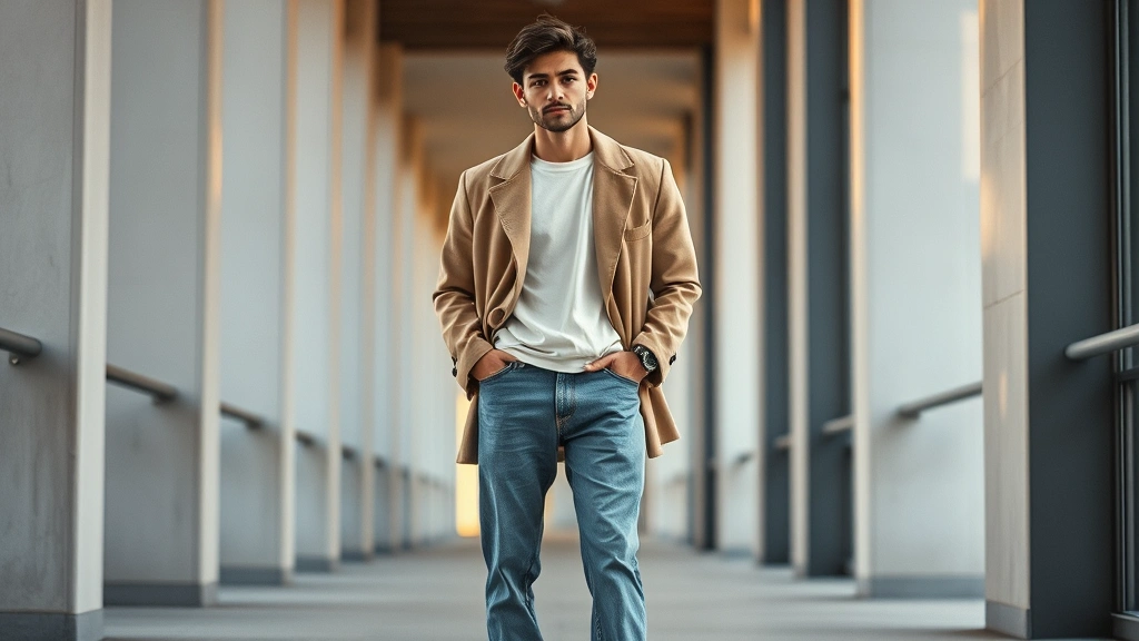 Male model wearing layered 90s-inspired outfit: oversized taupe blazer over cream t-shirt, straight-leg vintage-wash jeans, minimalist white sneakers, standing in modern urban setting with natural daylight, confident relaxed posture, photorealistic contemporary fashion photography