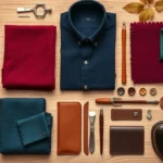 Overhead flat lay of men's fall fashion 2023 essentials including burgundy wool fabric swatches, navy and emerald textured materials, leather swatches in cognac and chocolate, bone buttons, and metal hardware arranged artfully on natural wood surface