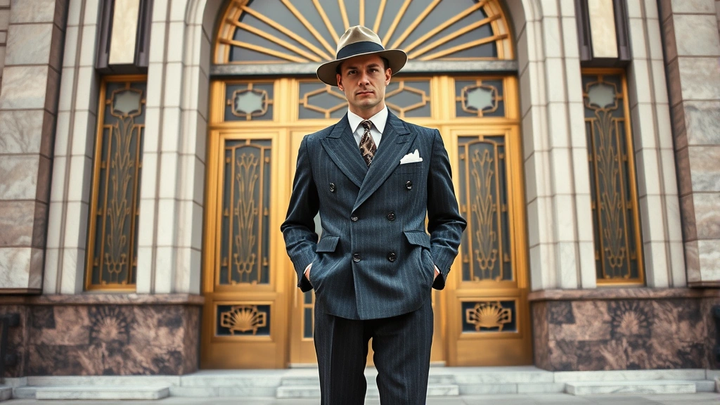 Well-dressed 1920s gentleman wearing a double-breasted suit with wide-legged trousers, fedora hat, and patterned tie standing in front of an art deco building facade, sophisticated vintage menswear styling