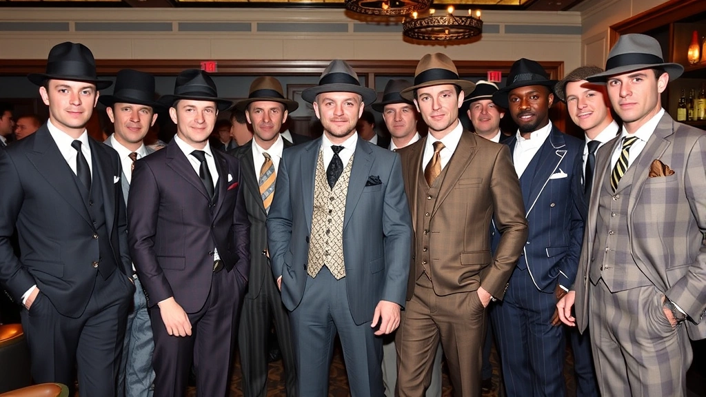 Group of stylish 1920s men in various suit styles gathered at what appears to be an upscale venue, showcasing different interpretations of era fashion including bold patterns, relaxed fits, and distinctive fedora styles