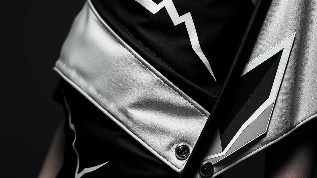 Close-up of black and white asymmetrical fashion dress with lightning bolt geometric patterns and metal hardware details, dramatic studio lighting highlighting fabric texture and seams, professional fashion photography style, monochromatic elegant aesthetic with contemporary edge
