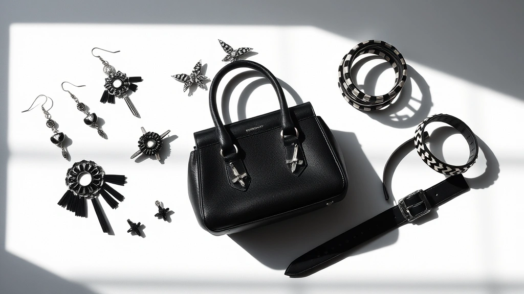 Flat lay arrangement of black and white fashion accessories including statement jewelry with bolt motifs, patterned hair clips, structured bag, layered bracelets, and belt with hardware, arranged on white surface with dramatic shadows, fashion styling composition
