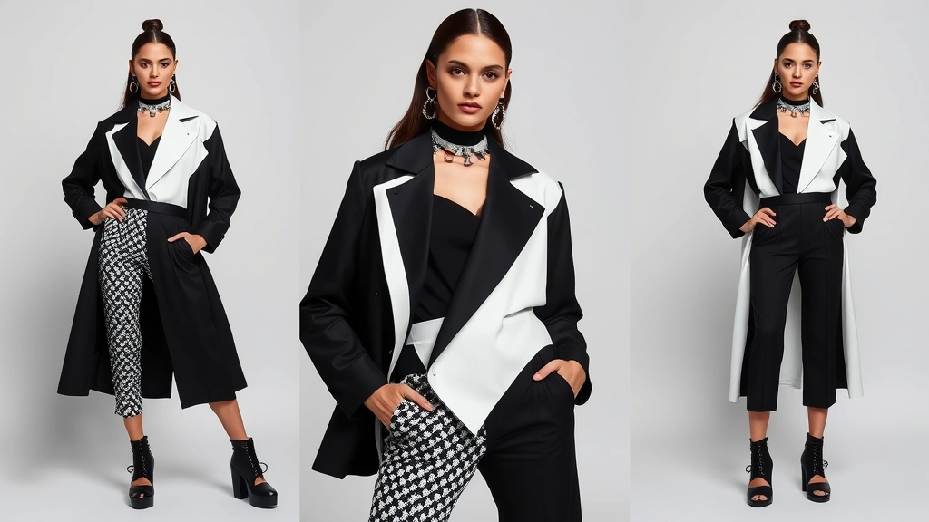 Fashion model wearing black and white color-blocked outfit with asymmetrical silhouette, geometric patterns, layered pieces, and statement accessories, posed against neutral background, editorial fashion photography, showcasing complete outfit coordination and styling principles